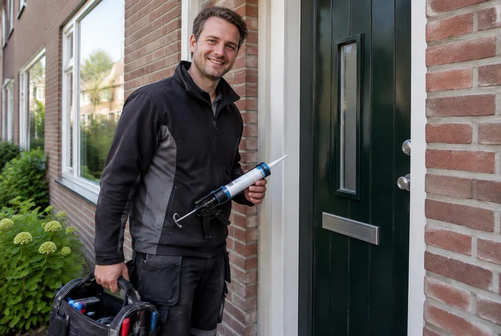 Vakman van Kitbedrijf Amsterdam bij de voordeur van een woning